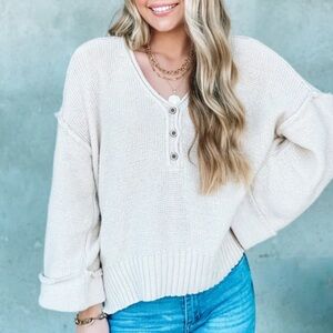 By Together Chunky Textured Cream Button Neck Knit Oversized Sweater S